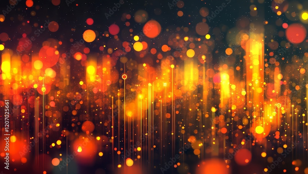 Poster Abstract glowing orange and red bokeh background with vertical light streaks.