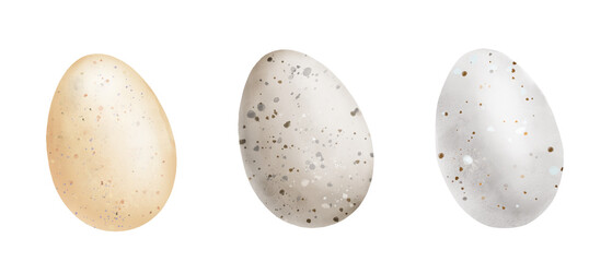 Delicate Easter eggs in a set. Watercolor digital illustration. Pink, blue, green and yellow eggs with cute spots isolated on white background. Spring and Easter theme, dragon eggs