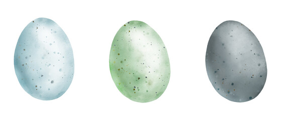 Delicate Easter eggs in a set. Watercolor digital illustration. Pink, blue, green and yellow eggs with cute spots isolated on white background. Spring and Easter theme, dragon eggs