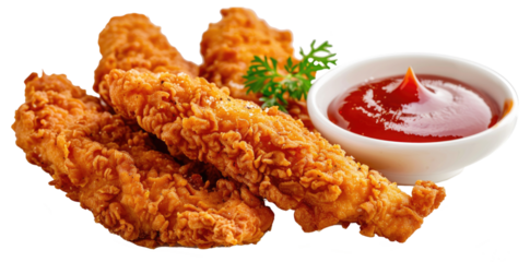 Crispy fried chicken tenders served with a small bowl of red dipping sauce, perfect for snacking or as a meal accompaniment.