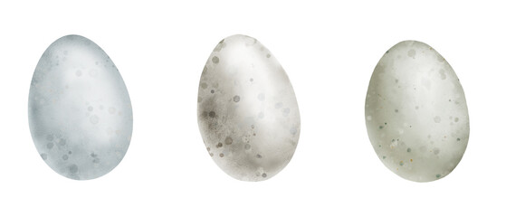Delicate Easter eggs in a set. Watercolor digital illustration. Pink, blue, green and yellow eggs with cute spots isolated on white background. Spring and Easter theme, dragon eggs © Elena