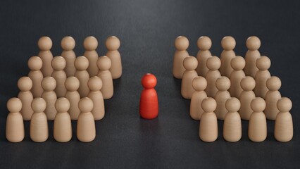 Stand out from the crowd. Different person figure in team group.Leadership with business success concept.3D rendering on black background.