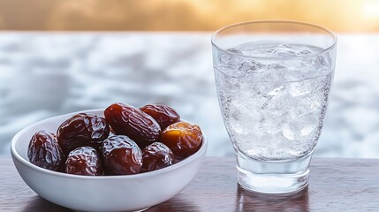 Bowl of Dates with Sparkling Water on Marble Background with Light Reflections