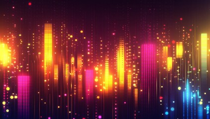 Fototapeta premium Vibrant digital cityscape at night with glowing skyscrapers and particles.