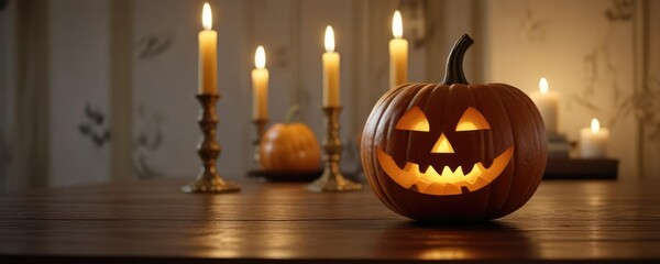 Obraz premium Carved pumpkin on a table with a candle inside, carving, harvest