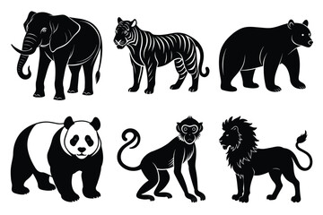 Wildlife animal silhouettes set isolated on white background