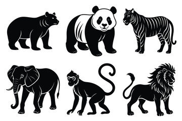 Wildlife animal silhouettes set isolated on white background