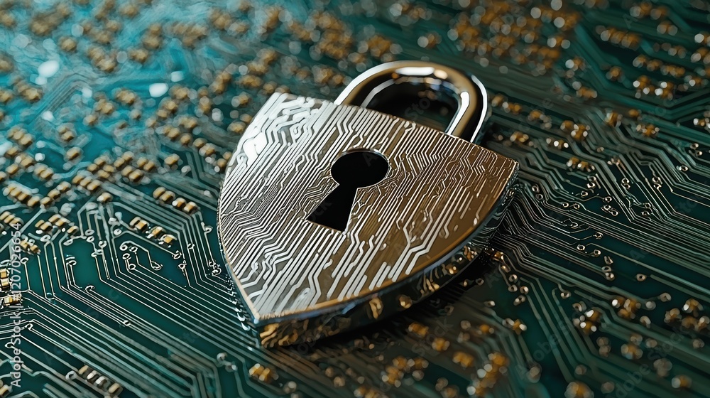 Poster security firewall and shield icon a metallic shield with a padlock icon superimposed on a digital ci