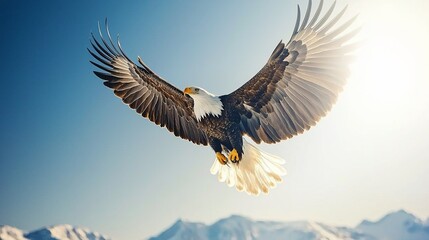 Naklejka premium Majestic bald eagle in flight over snow-capped mountains.