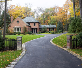 Fototapeta premium Lush autumn landscape featuring a brick home surrounded by colorful foliage on a peaceful driveway