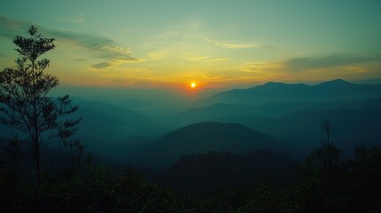 Sky Sunrise Silhouette of mountains against a vibrant sunrise sky, showcasing the beauty of nature awakening.