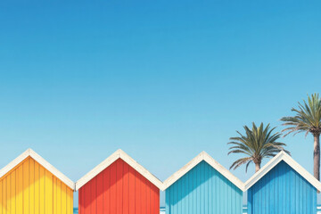 Fototapeta premium A row of colorful beach houses with a palm tree in the background
