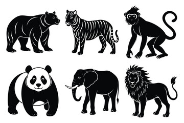 Wildlife animal silhouettes set isolated on white background