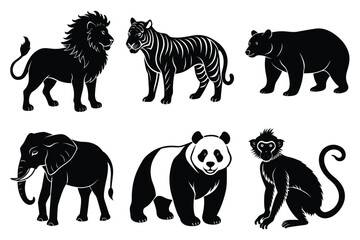 Wildlife animal silhouettes set isolated on white background