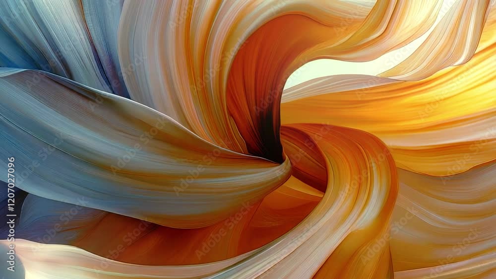 Poster Animation of organic shapes reminiscent of flower petals in motion. Smooth lines with transitions from orange to soft peaches create a fluid texture