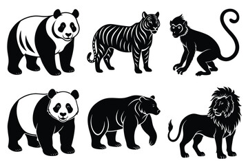 Wildlife animal silhouettes set isolated on white background