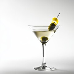 A sophisticated Martini with olive and lemon twist, presented against an isolated white background, chiaroscuro art style