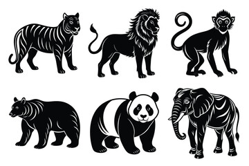 Wildlife animal silhouettes set isolated on white background