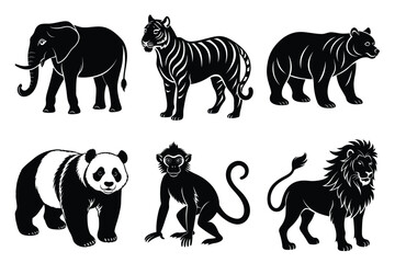 Wildlife animal silhouettes set isolated on white background