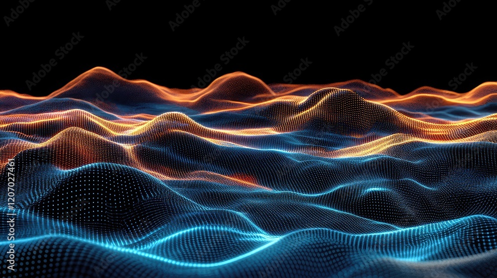 Poster d digital landscape of floating data points, glowing holographic elements, and futuristic visual eff