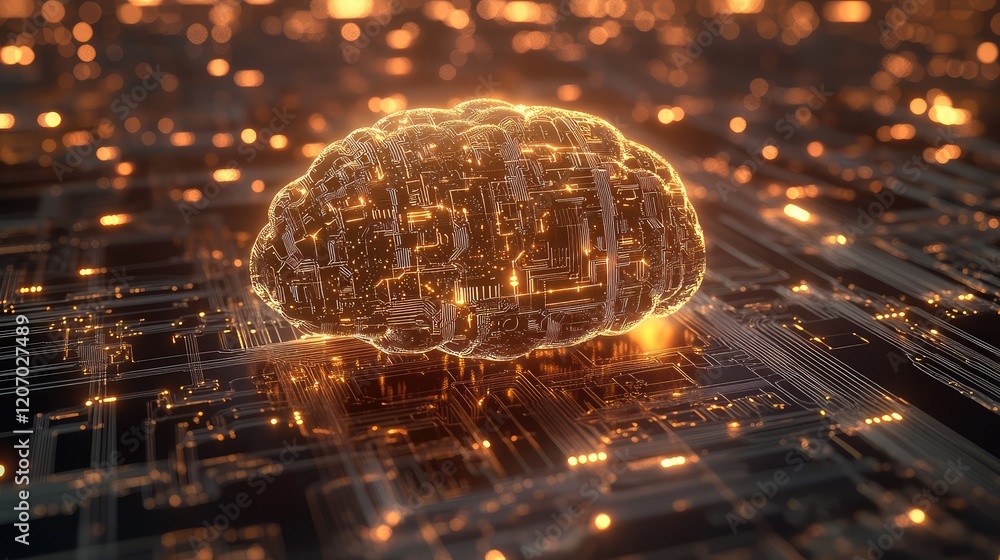 Poster d futuristic ai chip glowing with abstract circuits, floating in space with digital patterns and lig