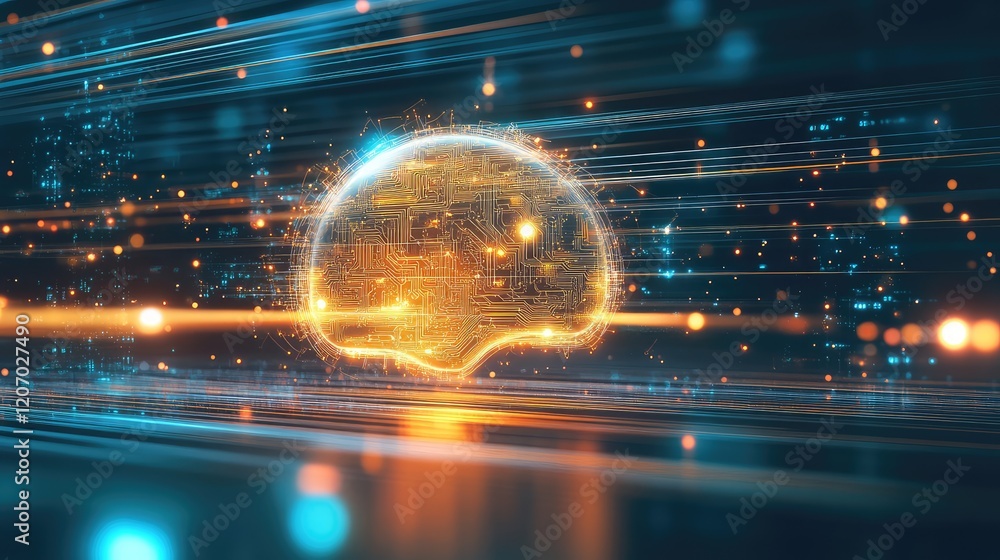 Poster d futuristic ai chip glowing with abstract circuits, floating in space with digital patterns and lig