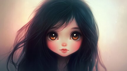 Portrait of a Cute Anime Girl with Big Brown Eyes and Long Black Hair, Digital Painting Artwork