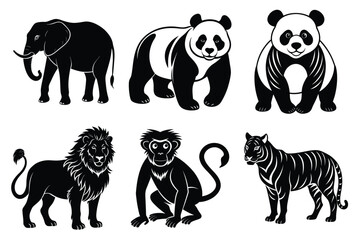 Wildlife animal silhouettes set isolated on white background