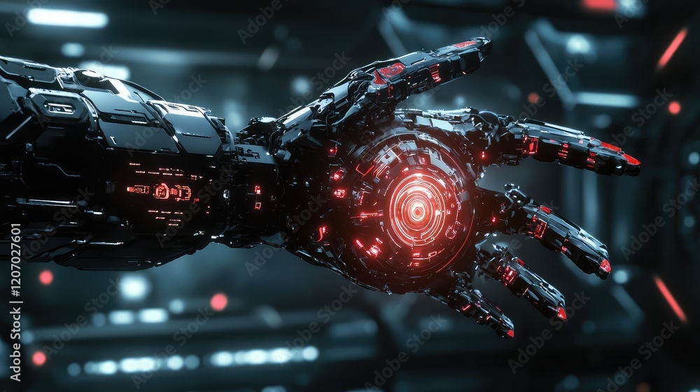 Poster d futuristic robot hand glowing with circuits, reaching towards a digital hologram in a clean minima