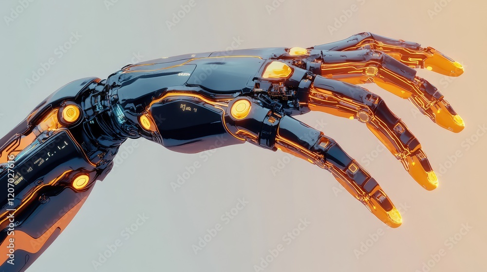 Poster d futuristic robot hand reaching out, with glowing circuits and advanced mechanical joints, placed o