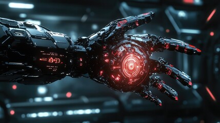 D futuristic robot hand glowing with circuits, reaching towards a digital hologram in a clean minimalistic setting