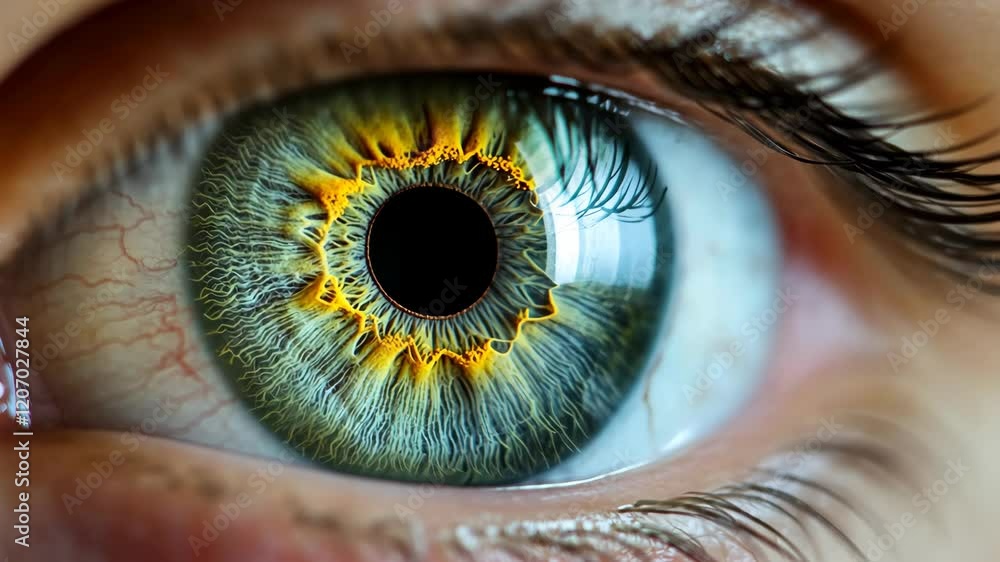 Poster eye close-up showcasing intricate patterns and vibrant colors with a striking iris design and a dark