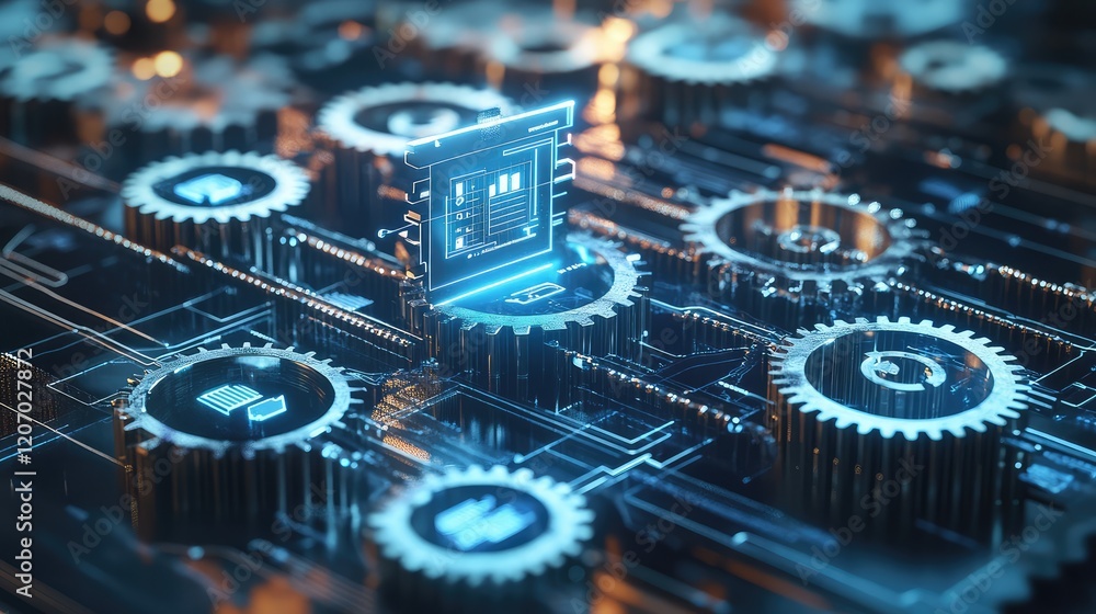 Poster d glowing gears and automation workflows surrounded by dynamic holographic diagrams in a futuristic 