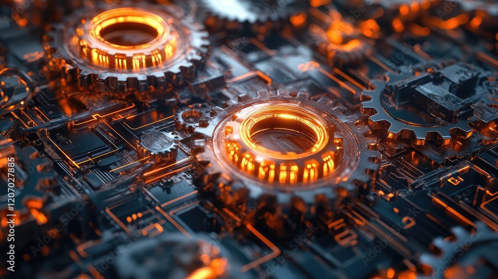 Poster d glowing gears surrounded by digital connections and automation symbols in a futuristic environment