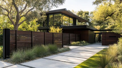 Obraz premium Minimalist fence design with horizontal wooden slats and black steel posts, complementing a modern home
