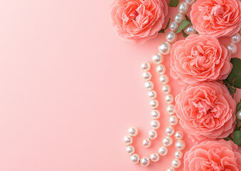 Soft pink roses and pearls arranged elegantly on pastel pink background