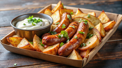 Grilled sausages with fries and dipping sauce