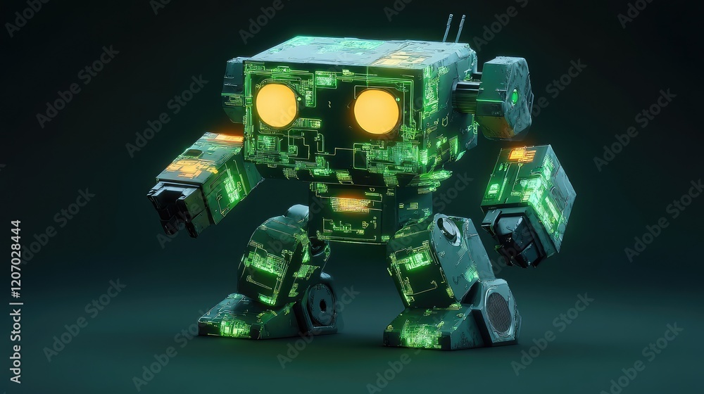 Poster d intelligent robot concept glowing with circuits and sleek mechanical plating, set against a dark f