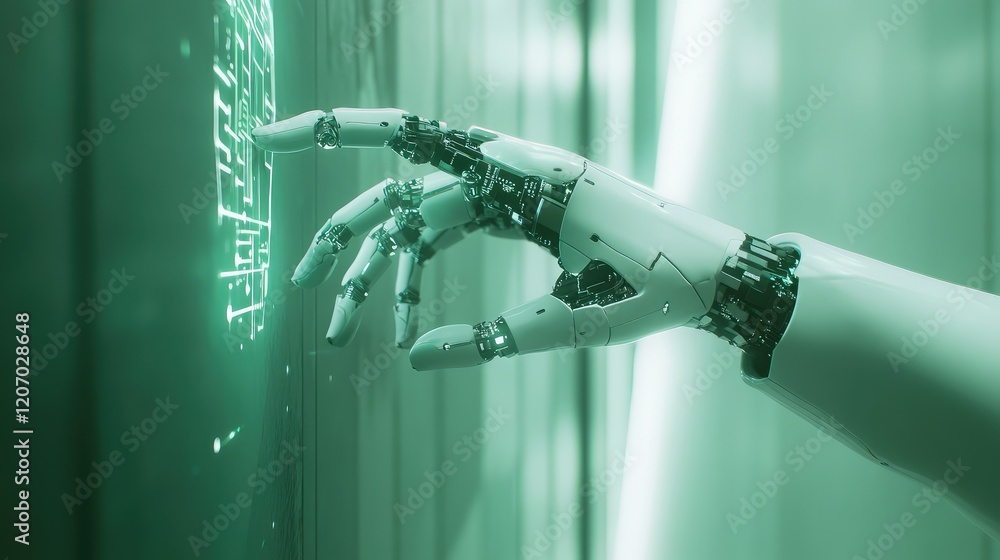 Poster d robotic hand glowing with circuits, interacting with a digital hologram in a sleek minimalistic se