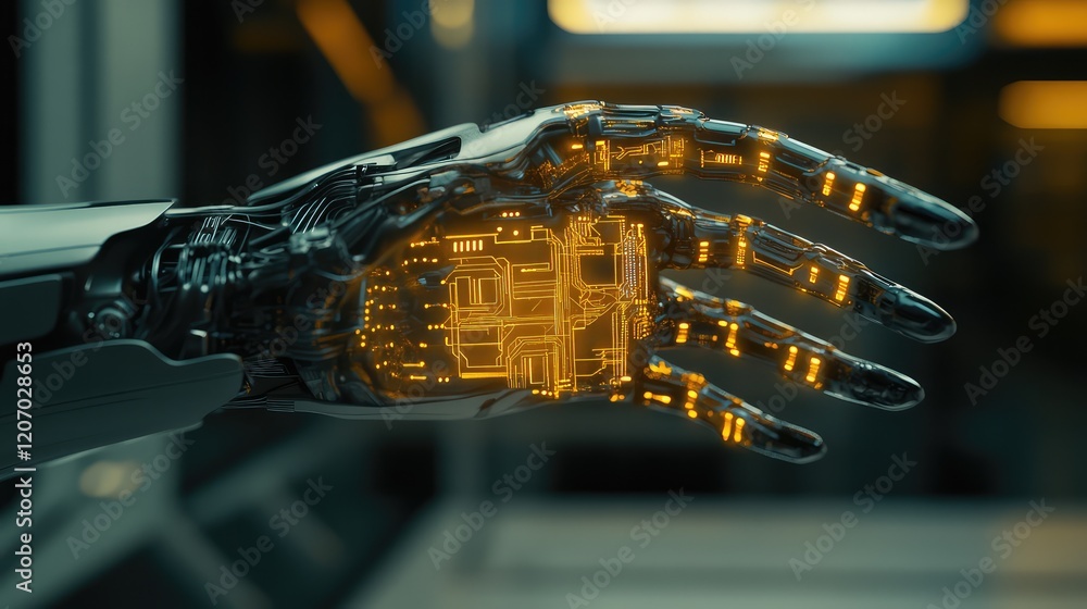 Poster d robotic hand glowing with circuits, interacting with a digital hologram in a sleek minimalistic se