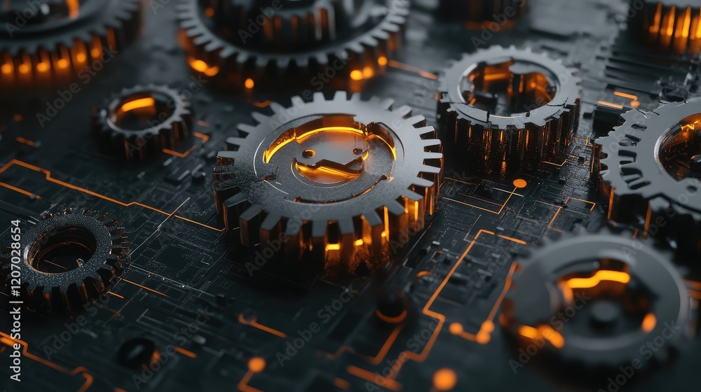Poster D representation of glowing mechanical gears surrounded by dynamic lines and automation symbols, highlighting system efficiency