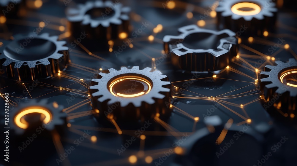 Poster D representation of glowing mechanical gears surrounded by dynamic lines and automation symbols, highlighting system efficiency