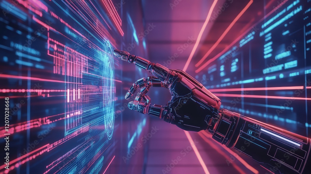 Poster d robotic hand glowing with circuits, interacting with a digital hologram in a sleek minimalistic se