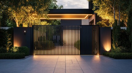 Minimalist gate design, clean vertical steel bars with a matte black finish, surrounded by ambient lighting for a sophisticated entryway look
