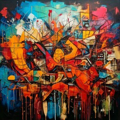 Obraz premium a graffiti piece that combines fragmented text, symbols, and abstract imagery. Use bold colors and layers to reflect themes of identity, history, or rebellion in an expressive, chaotic style.