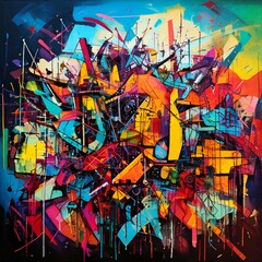 a graffiti piece that combines fragmented text, symbols, and abstract imagery. Use bold colors and layers to reflect themes of identity, history, or rebellion in an expressive, chaotic style.