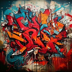 a graffiti piece that combines fragmented text, symbols, and abstract imagery. Use bold colors and layers to reflect themes of identity, history, or rebellion in an expressive, chaotic style.