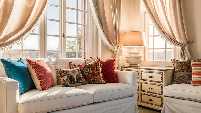 Bright composition consisting of a white sofa, colored pillows, curtains and drawer unit with table lamp