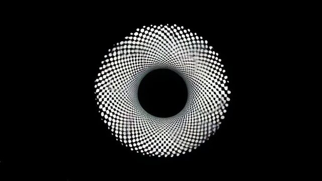 Abstract animation with swirling lines and dots creating a sense of movement. A white circle at the center adds focus and energy to the composition