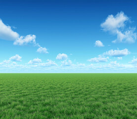 Fototapeta premium A vast, open green grassland beneath a clear blue sky and fluffy white clouds, stretching toward the horizon. The clean and simple background emphasizes the contrast between light and dark